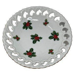 Plate Hanging Decor Lefton China Christmas Holly Berries Wall Plate Slotted